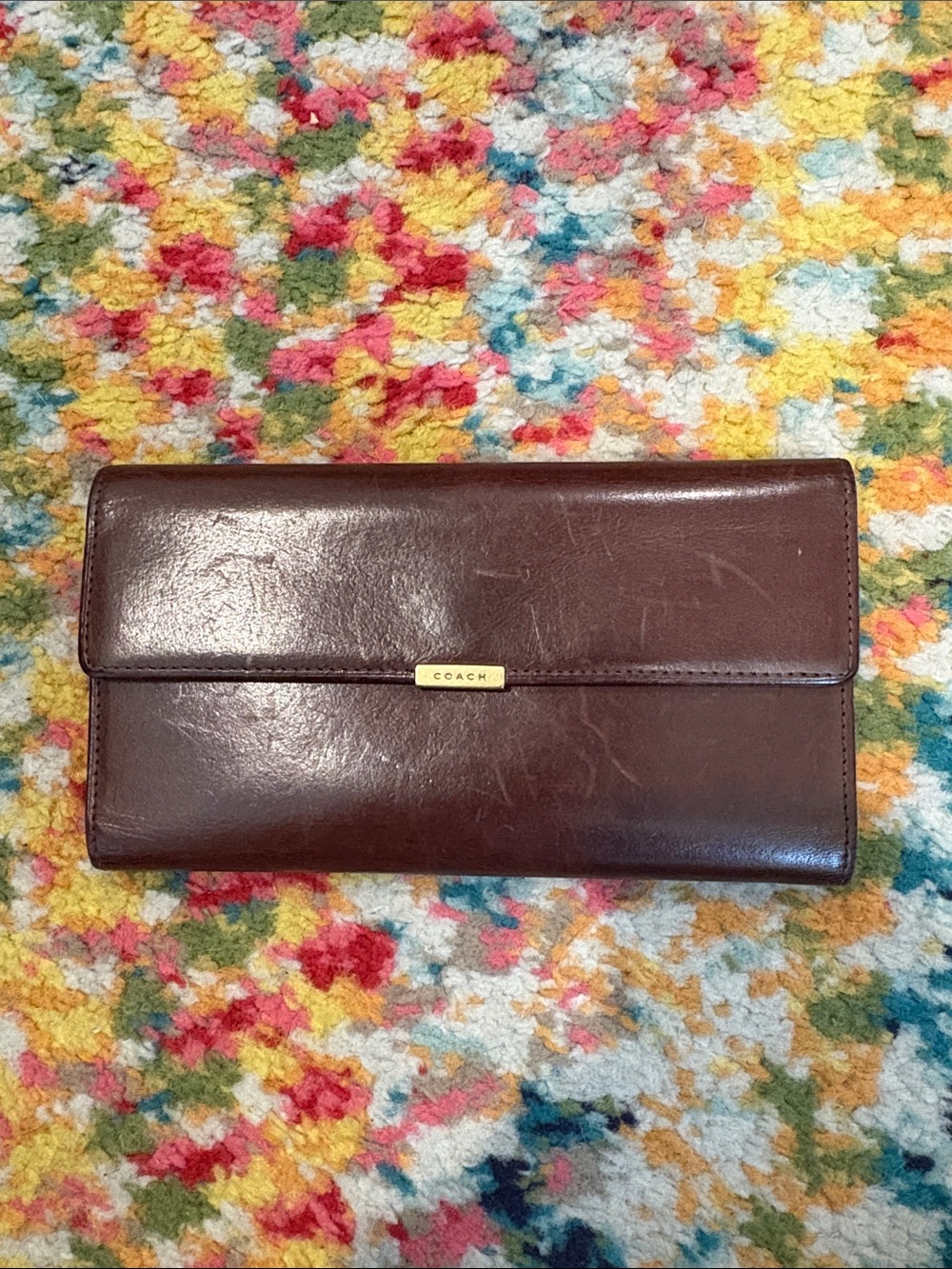 Vintage Coach Dark Brown Leather Long Wallet with Gold Plaque